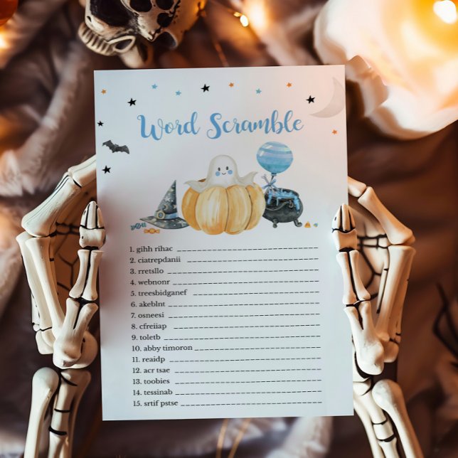 Blå lilla Boo-pumpkin Ord-skammussla (Pumpkin Halloween Baby Shower Word Scramble Game)