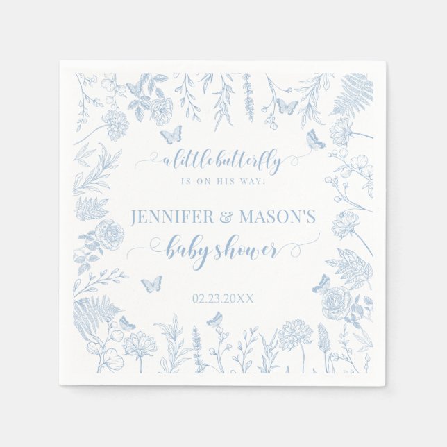 Blå lilla fjärilshuset elegant pojke-dusch pappersservett (Framsidan)