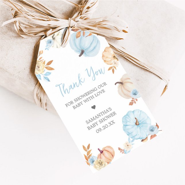 Blå lilla pumpa höst baby shower presentkortslappa presentetikett (Boy Little Pumpkin Fall Baby Shower Favor Tags)