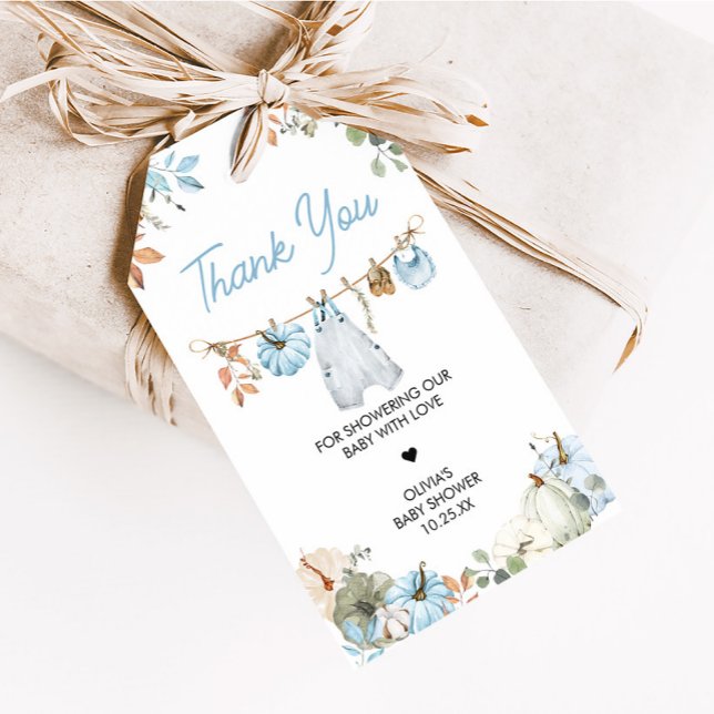 Blå lilla pumpa höst babyfavorit etiketter (Blue Little Pumpkin Fall Clothesline Baby Shower Favor Tags)