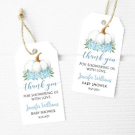 Blå lilla pumpa pojke dusch tack märkre presentetikett