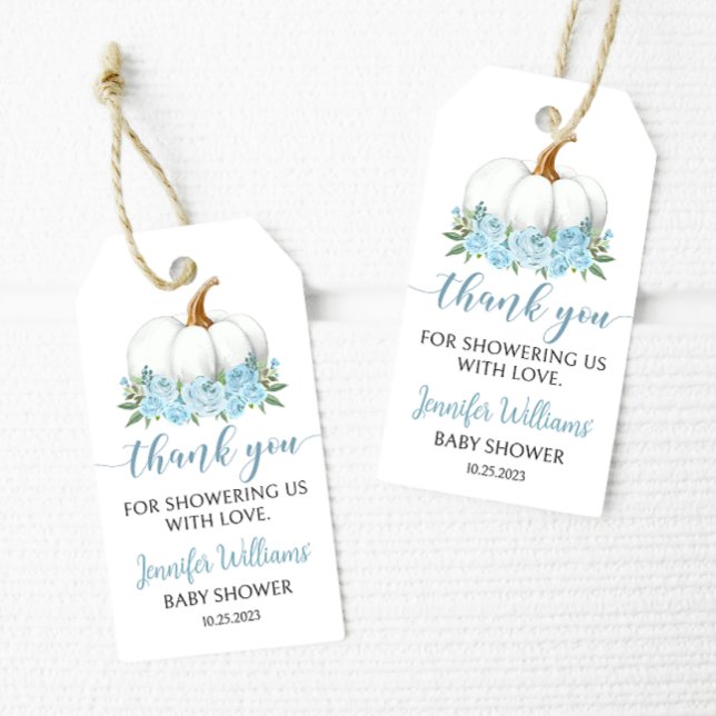 Blå lilla pumpa pojke dusch tack märkre presentetikett (Skapare uppladdad)