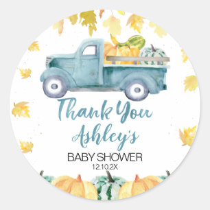 Blå lilla Pumpkin Lastbil Baby Shower Sticker Runt Klistermärke