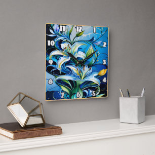 Blå Lily-Blommigt-design med snurrande Mönster Fyrkantig Klocka