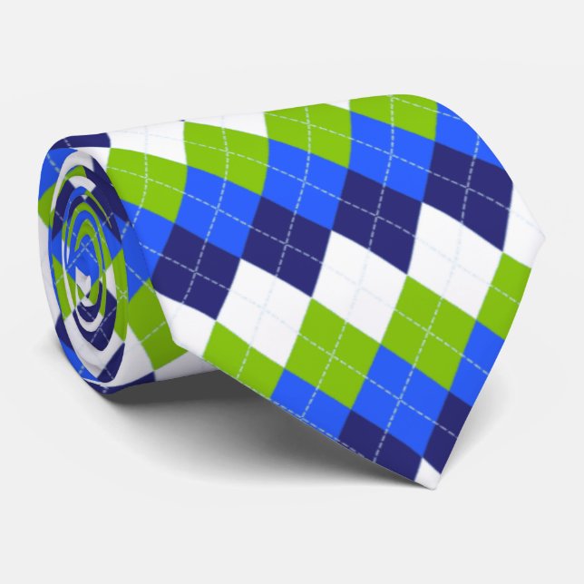 Blå, Limegrön och Vit Argyle Slips (Rullad)