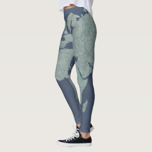 Blå Linens världskarta Leggings