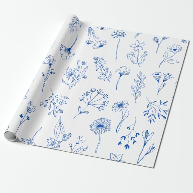 Blå Linje Art Blandad Trädgård Skiss Blommor Presentpapper (Utrullad)