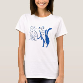 Blå Linje Art Katt T-Shirt, Svart Bomull Crewneck T Shirt