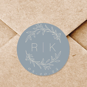 Blå Linje Konst Botanisk Krans Bröllopsmonogram Runt Klistermärke