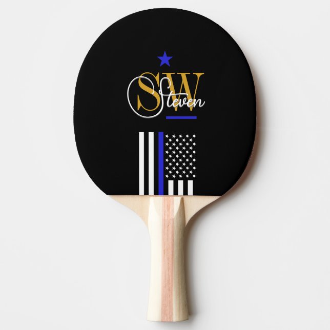 Blå linje och monogrammed Namn / Modern Namnteckni Pingisracket (Framsidan)