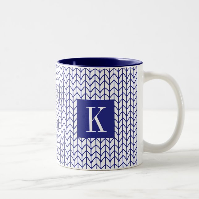 BLÅ LINJE STICKAD Navy Två-Tons Mugg + Initial II (Höger)