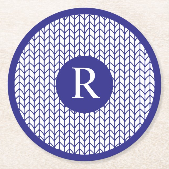 BLÅ LINJE STICKAD Rund papper Underlägg + Initial  (Framsidan)