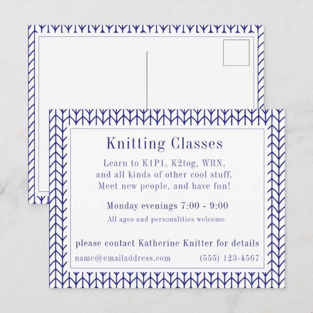 BLÅ LINJE STICKAD "Stickkurser" Vykort  (Fram/baksida)