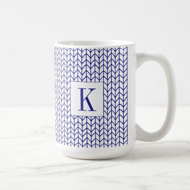 BLÅ LINJE STICKAD Stor vit mugg + Initial (Höger)