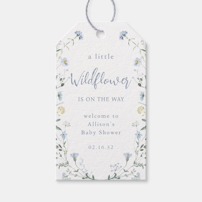 Blå lite vild blomster rustic boho baby shower  presentetikett (Framsidan)