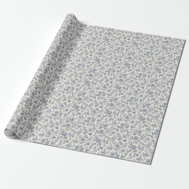 Blå Liten Blommig Gren Varmvit Presentpapper (Utrullad)