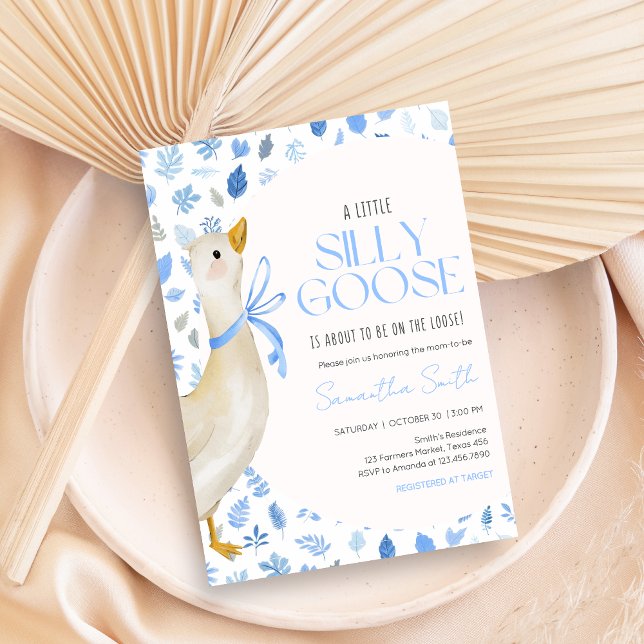Blå Liten Dumma Gås Bebis Shower Inbjudningar (Blue Little Silly Goose Baby Shower Invitation)