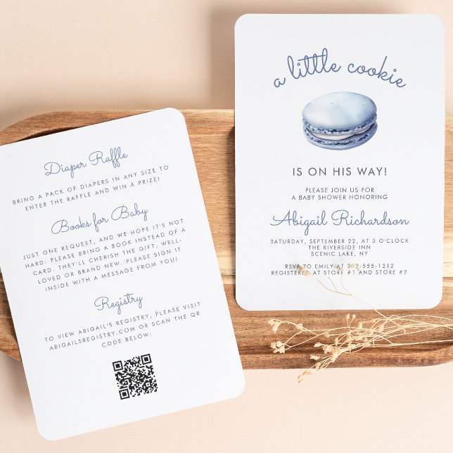 Blå Liten Kaka Macaron QR-kod Pojke Bebis Kalas Inbjudningar (Skapare uppladdad)