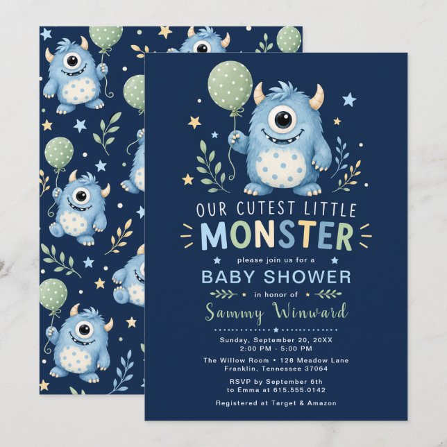 Blå liten monster-babyshower inbjudningar (Fram/baksida)