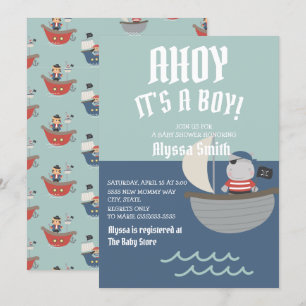 Blå liten pirat baby pojke baby shower inbjudningar
