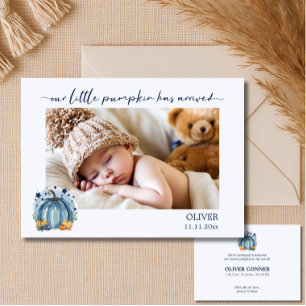 Blå Liten Pumpa Baby Pojke Foto Annonsering Meddelande