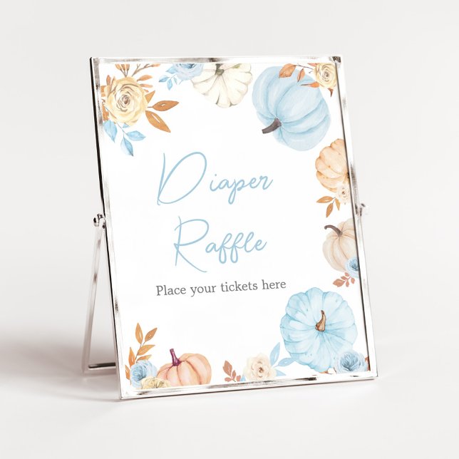 Blå Liten Pumpa Höst Blöja Lotteri Skylt (Boy Little Pumpkin Fall Baby Shower Diaper Raffle Sign)
