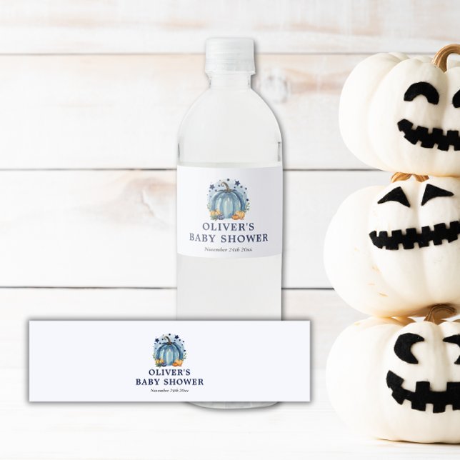 Blå Liten Pumpa Höst Pojke Bebis Shower Vattenflaskor Etikett (blue pumpkin boy baby shower water bottle label)