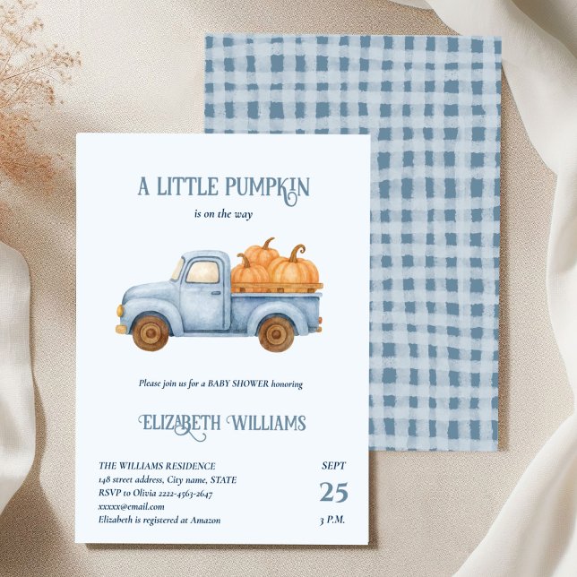 Blå liten Pumpkin Lastbil Baby Shower minimalistic Inbjudningar (Little Pumpkin Baby Shower Invitation with Rustic Truck & Fall Charm)
