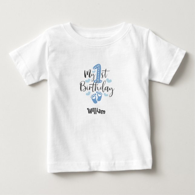 Blå liten steg första födelsedag barn t-shirt (Framsida)