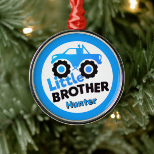 Blå Little Brother Monster Truck Anpassat Namn Julgransprydnad Metall
