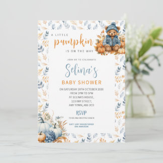 Blå Little Pumpkin Baby Shower Inbjudan, Hösttema Inbjudningar