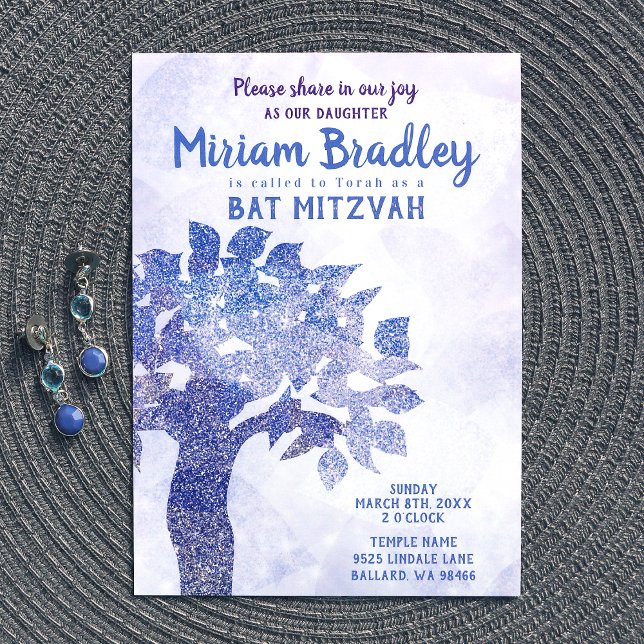 Blå Livets Träd Bat Mitzvah-inbjudan Inbjudningar (light blue glitter tree of life bat mitzvah invitations)