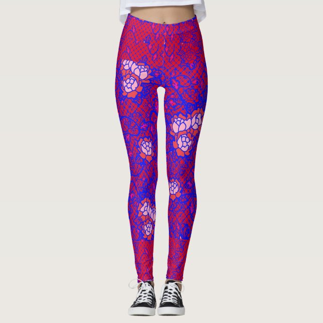 Blå ljusblå nätredskap med blommor 01 röd BG Leggings (Framsida)