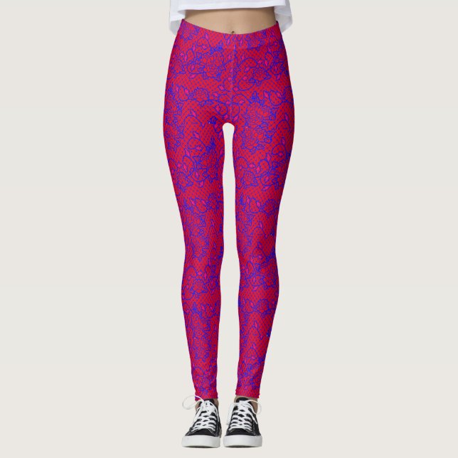 Blå ljusblå nätredskap med blommor 02b Red BG Leggings (Framsida)