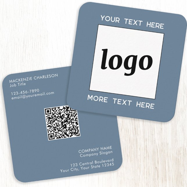 Blå Logotyp och blå text QR-kod Fyrkantigt Visitkort (Logo with QR code custom text blue gray square business card)