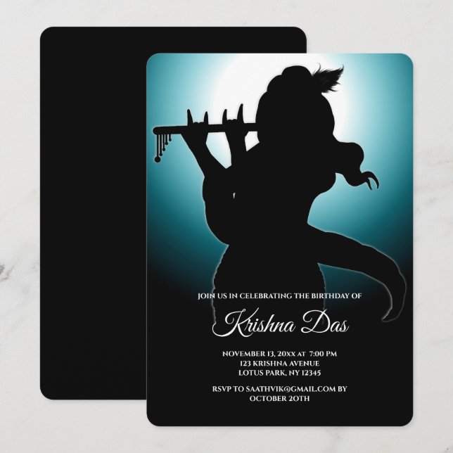 Blå Lord Krishna-kort för födelsedag - Krishna kon Inbjudningar (Fram/baksida)