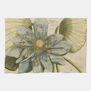 Blå Lotus blommar på Tan-bakgrunden med skrivnin Kökshandduk