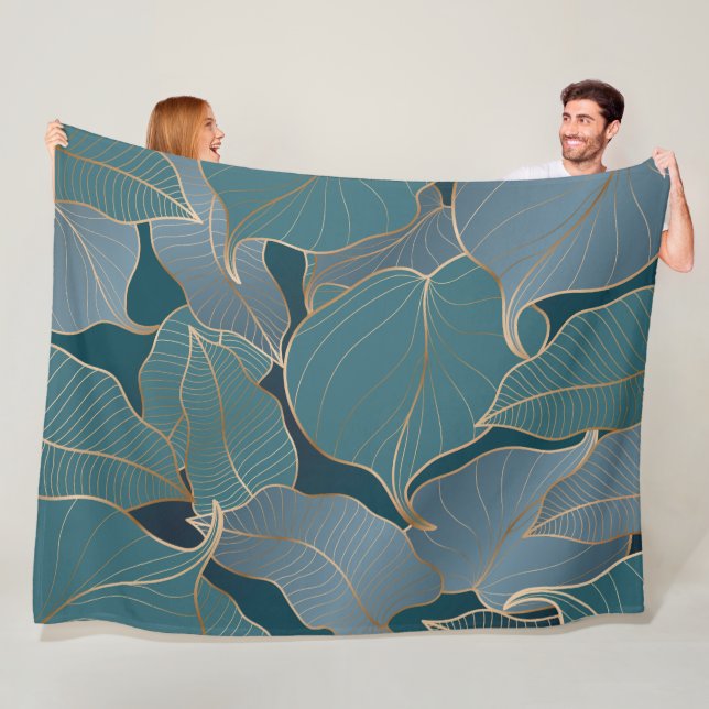 Blå Lotusblomma Guld Linje Konst Design Fleecefilt (På plats)
