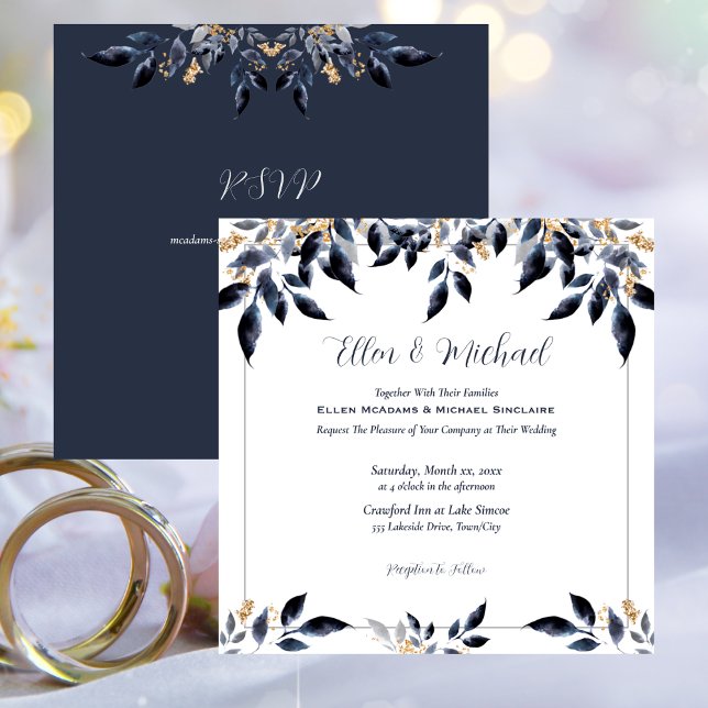 Blå Löv med Guld Bröllop Inbjudningar (Blue Leaves with Gold Wedding Invitation)