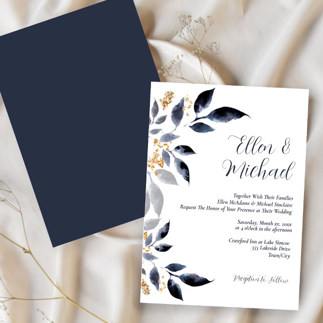 Blå Löv med Guld Bröllop Inbjudningar (Shades of Blue Leaves with Gold, Wedding Invitation)