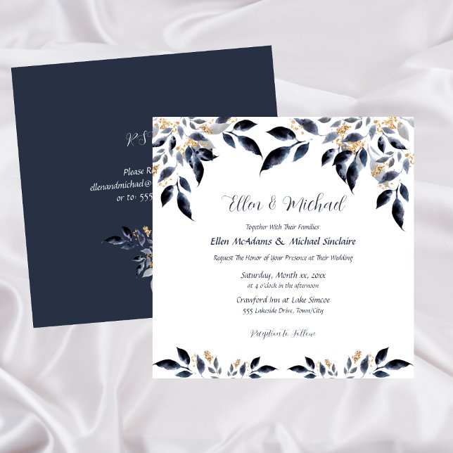 Blå Löv med Guld Bröllop Inbjudningar (Blue Leaves with Gold Wedding Invitation)