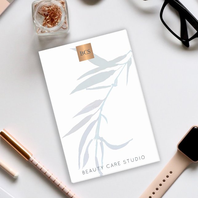 Blå löv metallisk koppar av guld monogrammad post-it block (Skapare uppladdad)