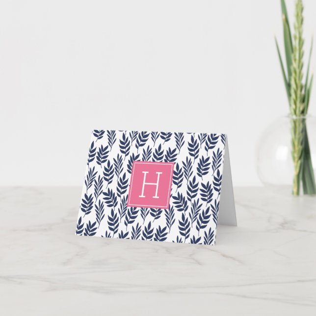 Blå Löv och Rosa Monogram Anteckningskort (Framsida)