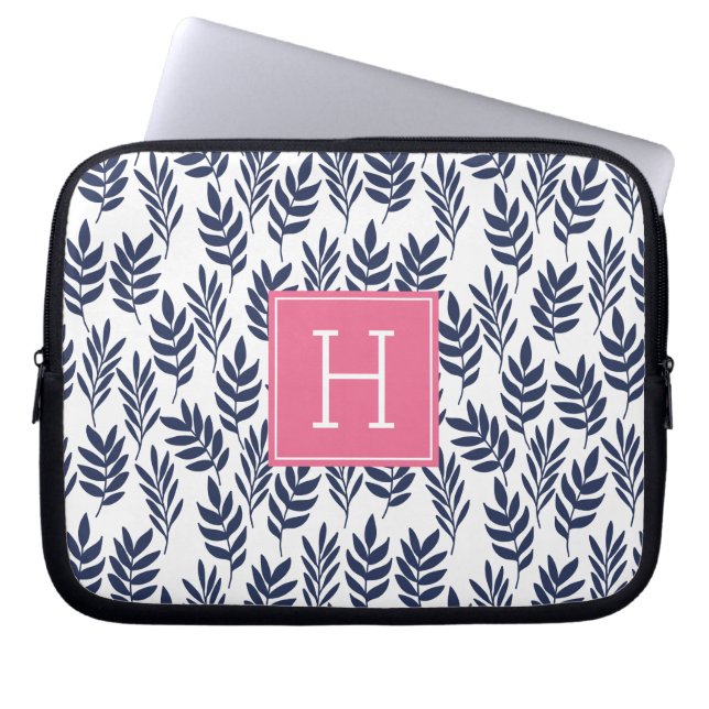 Blå Löv och Rosa Monogram Laptop Fodral (Framsidan)