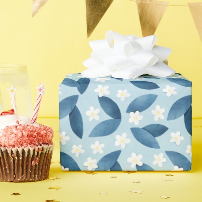 Blå Löv och vita blommor Sömlösa Mönster Presentpapper (Födelsedagsfest)