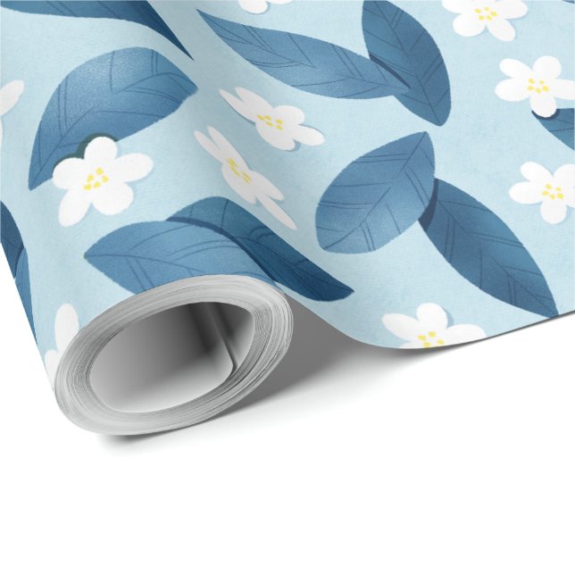 Blå Löv och vita blommor Sömlösa Mönster Presentpapper (Rullad Hörn)