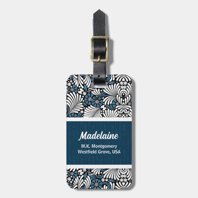 Blå Löv-utskrift med vit och svart Bagagebricka (Vertikal Framsida)