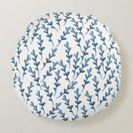 Blå Löv vattenfärg Mönster - vit Rund Kudde