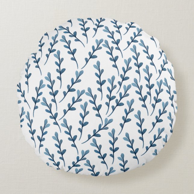 Blå Löv vattenfärg Mönster - vit Rund Kudde (Framsidan)