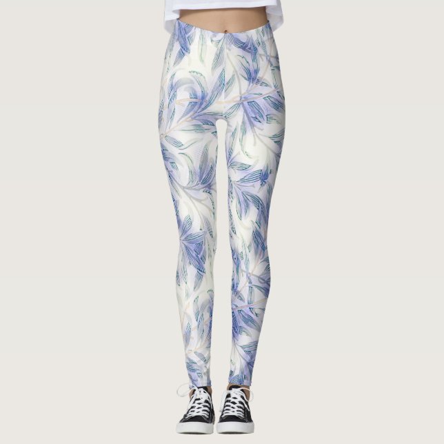Blå Löv Vintage Mönster Art Leggings (Framsida)